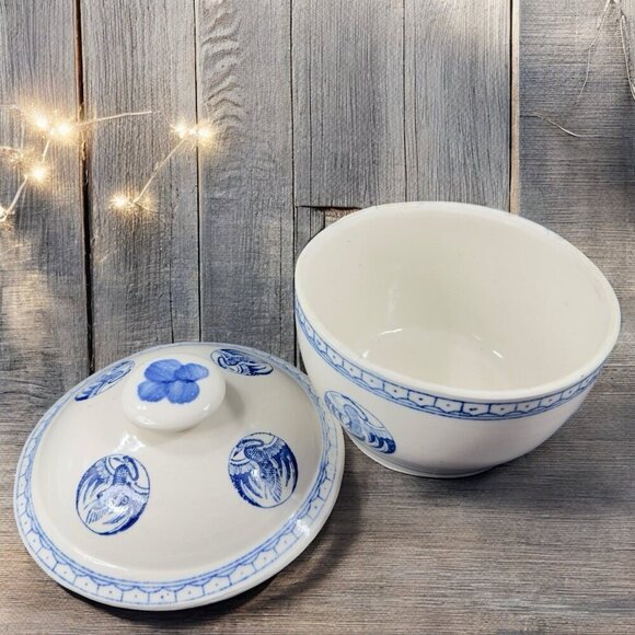 Vintage Japanese Pottery Serving Dish Bowl with Lid Crane Phoenix White Blue VTG - Picture 2 of 15